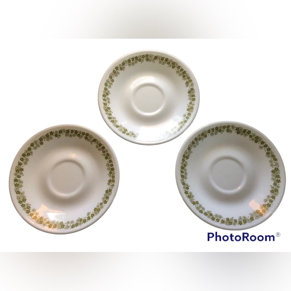 3 Corelle Spring Blossom Olive Green Flowers Coffee Cup Saucers Vintage